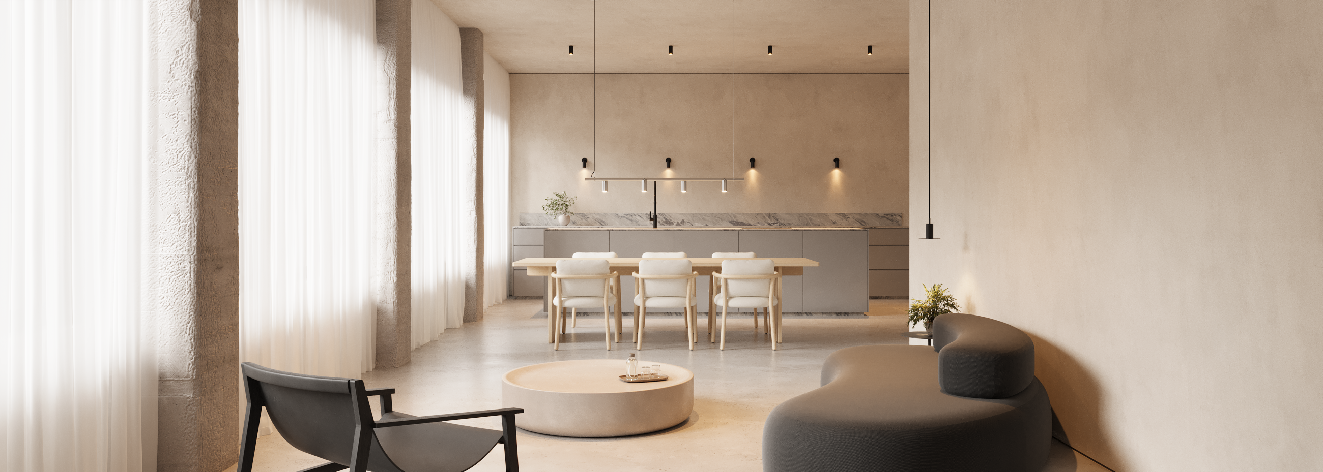 pendent, ceiling and wall lights in kitchen and living room