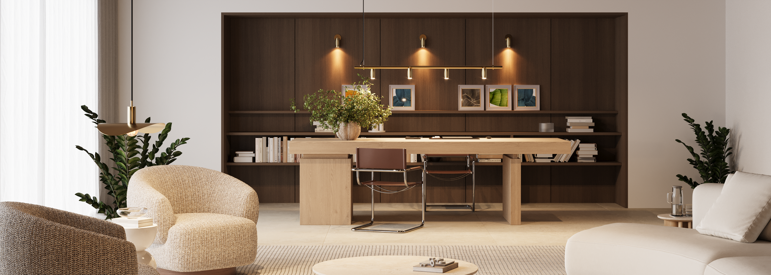 Brass pendant and wall lights in living room