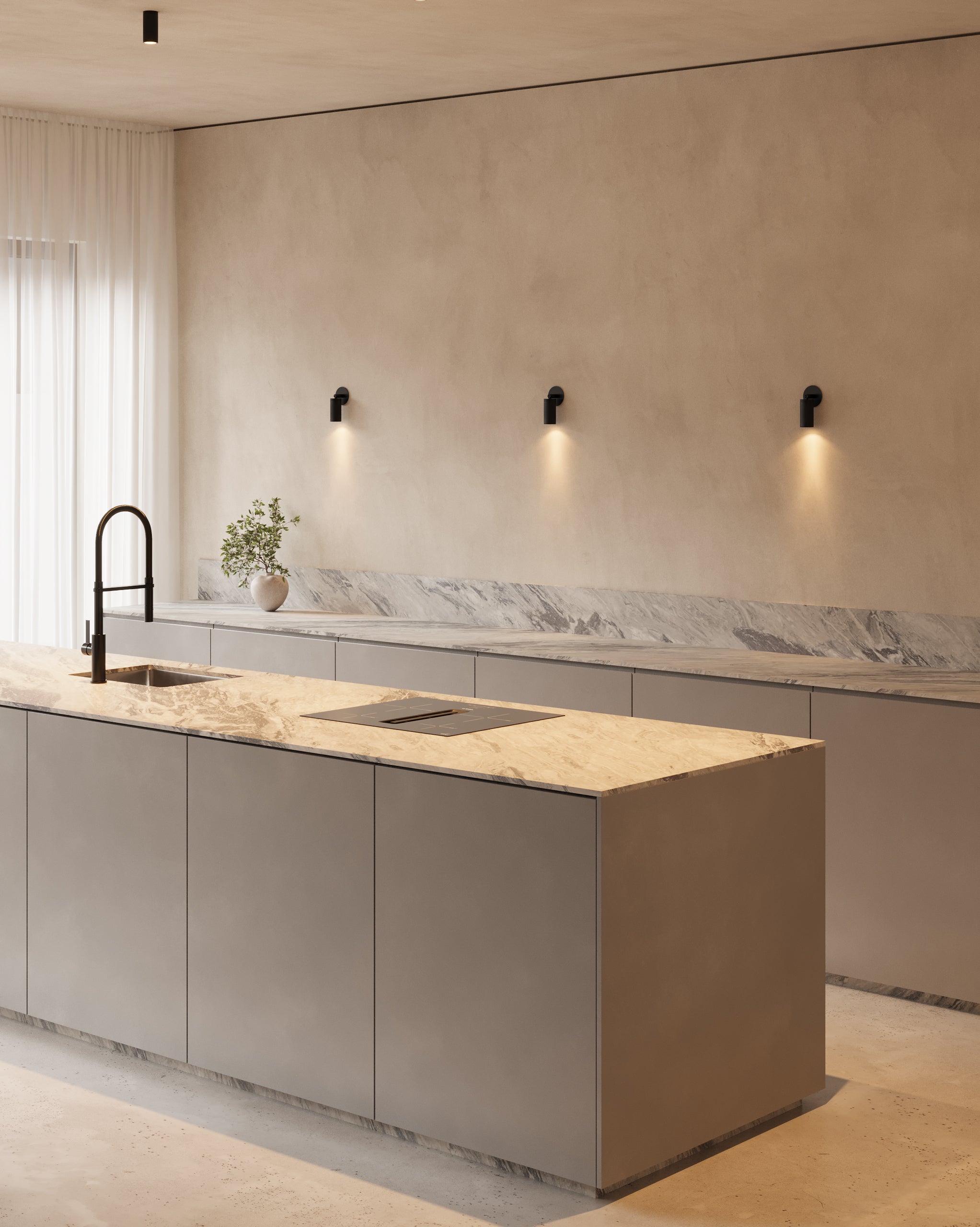 black wall lights in kitchen